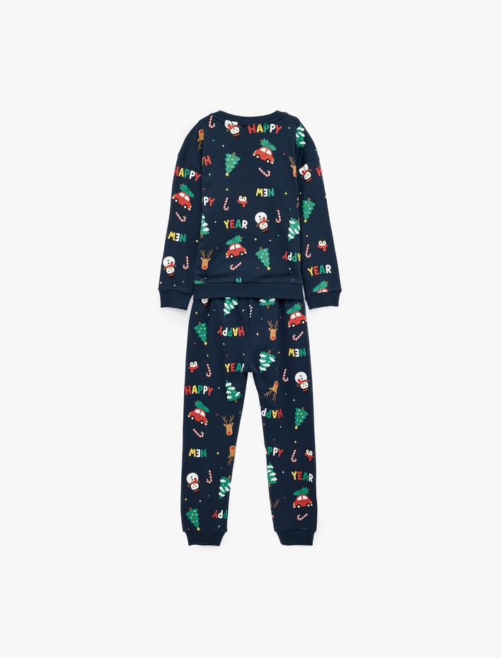 Erkek Bebek Yılbaşı Baskılı Uzun Kollu Bisiklet Yaka Pamuklu Pijama Takımı