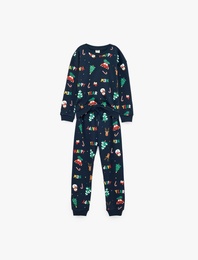 Yılbaşı Baskılı Uzun Kollu Bisiklet Yaka Pamuklu Pijama Takımı
