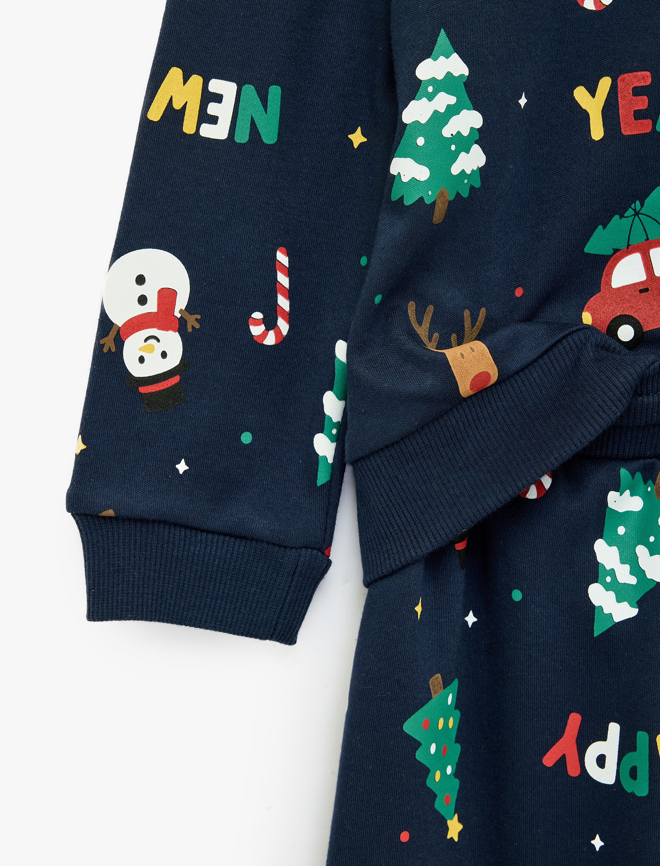  Erkek Bebek Yılbaşı Baskılı Uzun Kollu Bisiklet Yaka Pamuklu Pijama Takımı