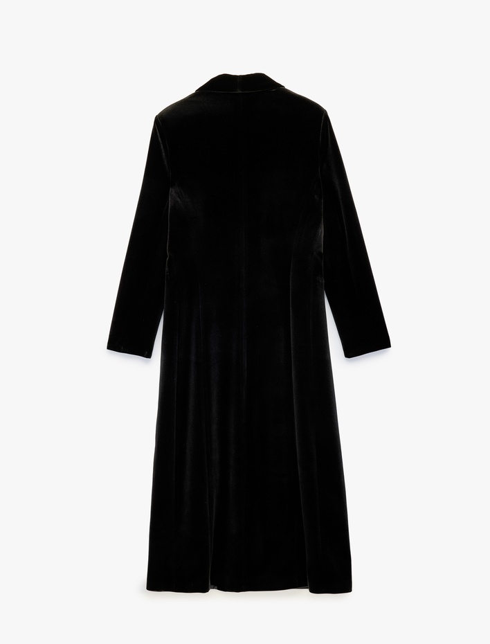  Slim Fit Uzun Kollu Düğmeli Dik Yaka Kadife Uzun Ceket