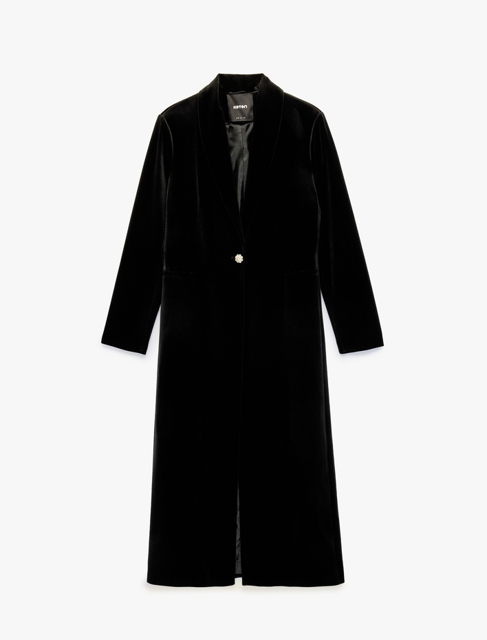  Slim Fit Uzun Kollu Düğmeli Dik Yaka Kadife Uzun Ceket