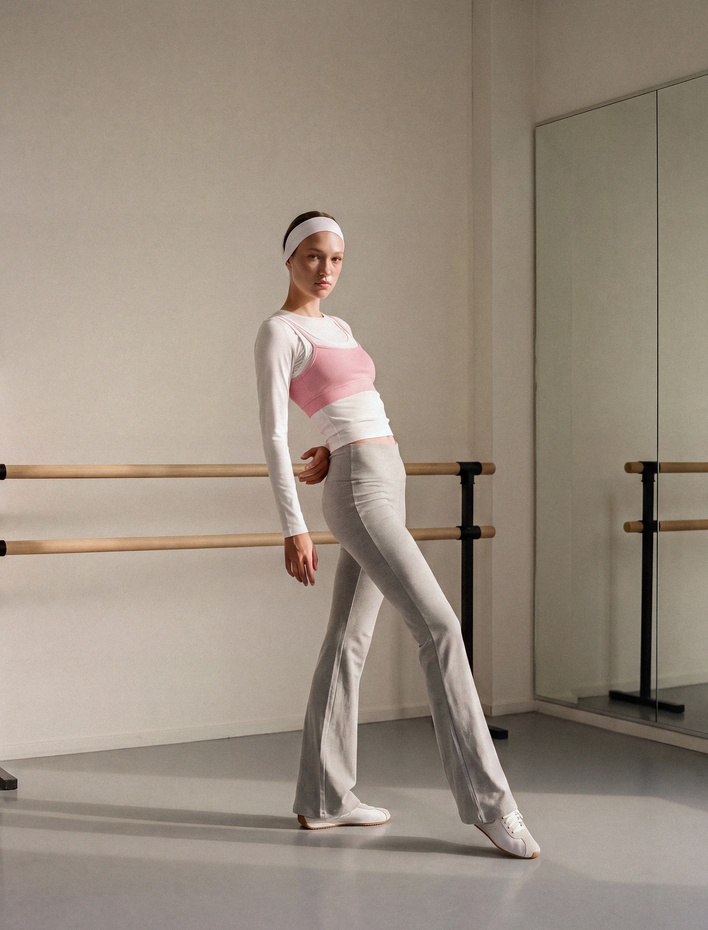  Yüksek Bel Slim Fit Pamuklu İspanyol Paça Spor Tayt