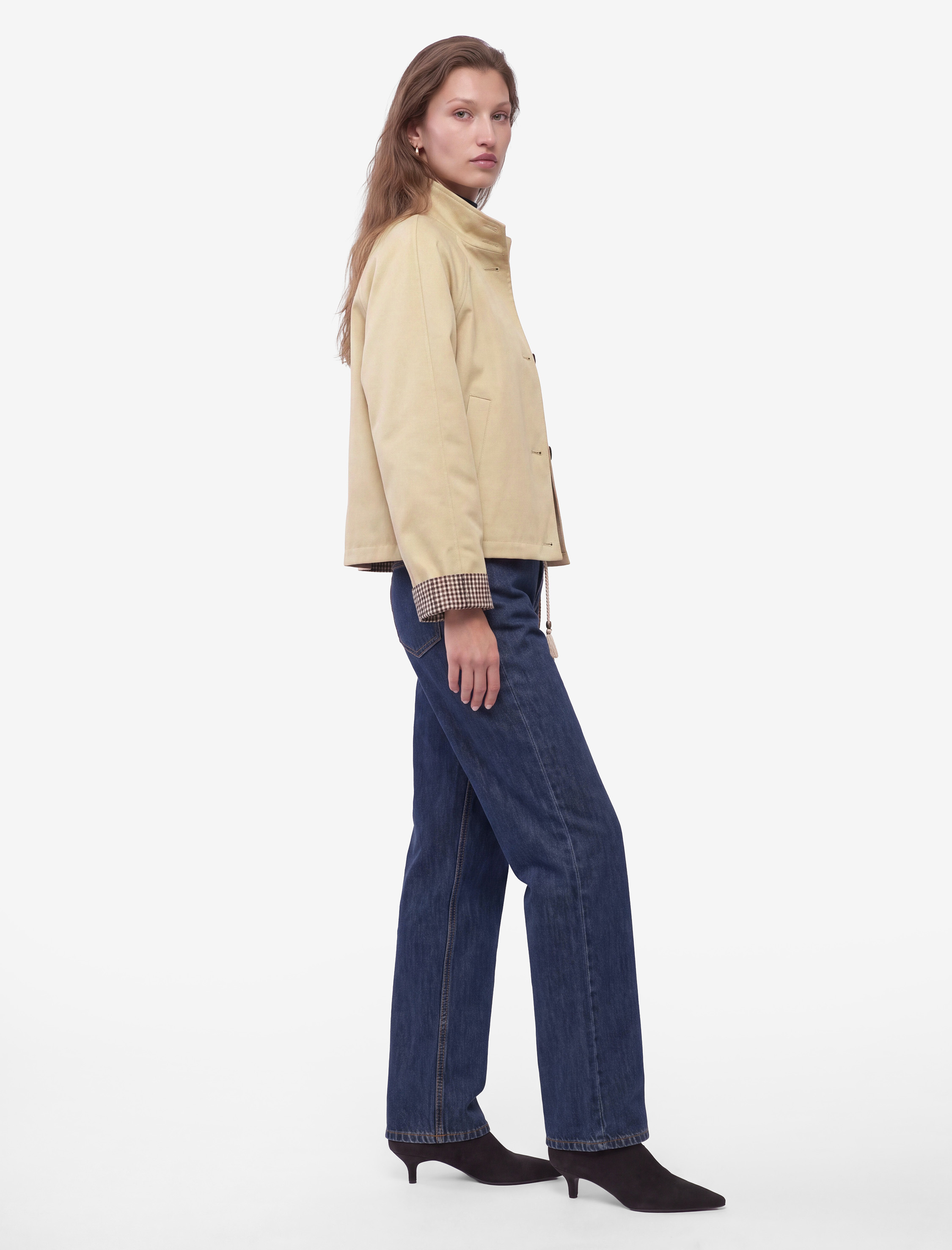   Uzun Kollu Düğmeli Ekose Astarlı Oversize Gabardin Dik Yaka Kısa Trençkot