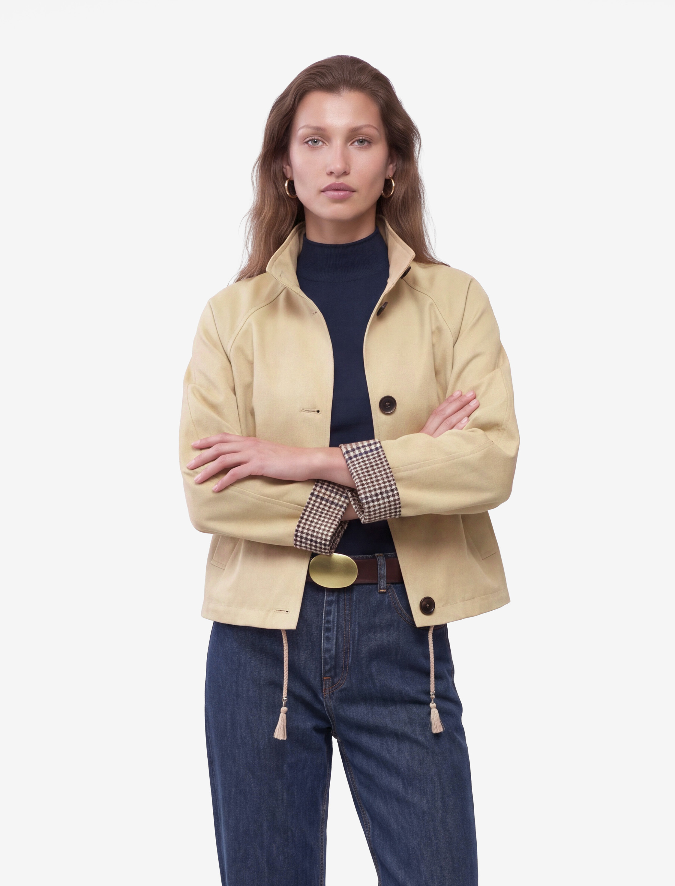   Uzun Kollu Düğmeli Ekose Astarlı Oversize Gabardin Dik Yaka Kısa Trençkot
