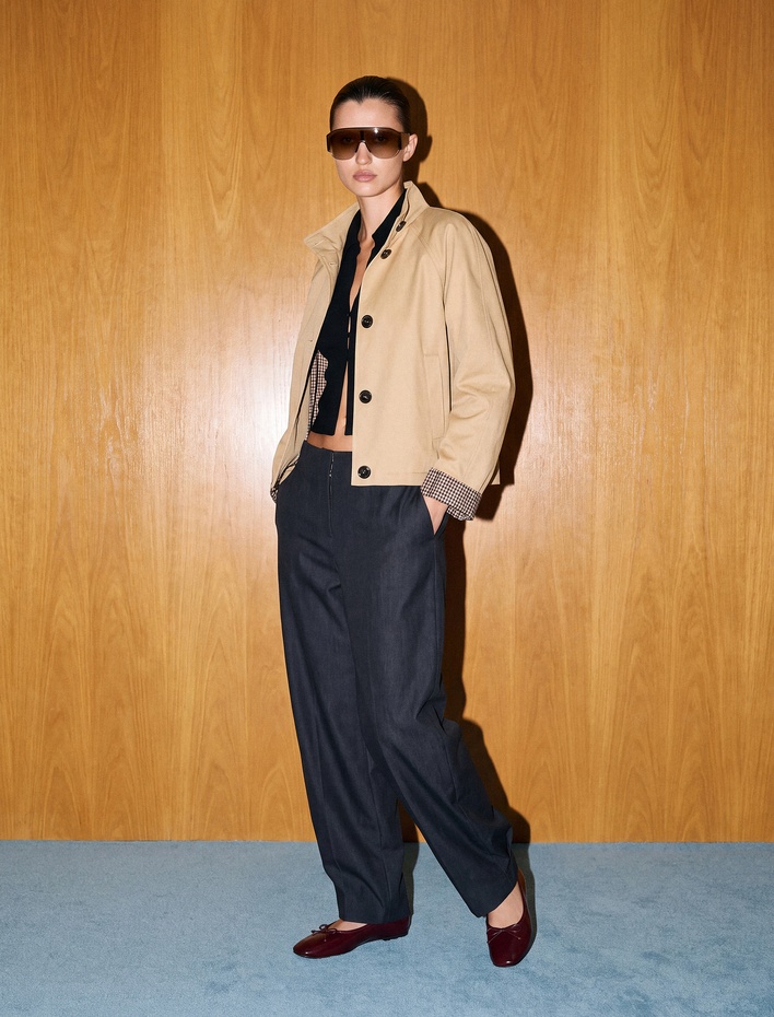  Uzun Kollu Düğmeli Ekose Astarlı Oversize Gabardin Dik Yaka Kısa Trençkot