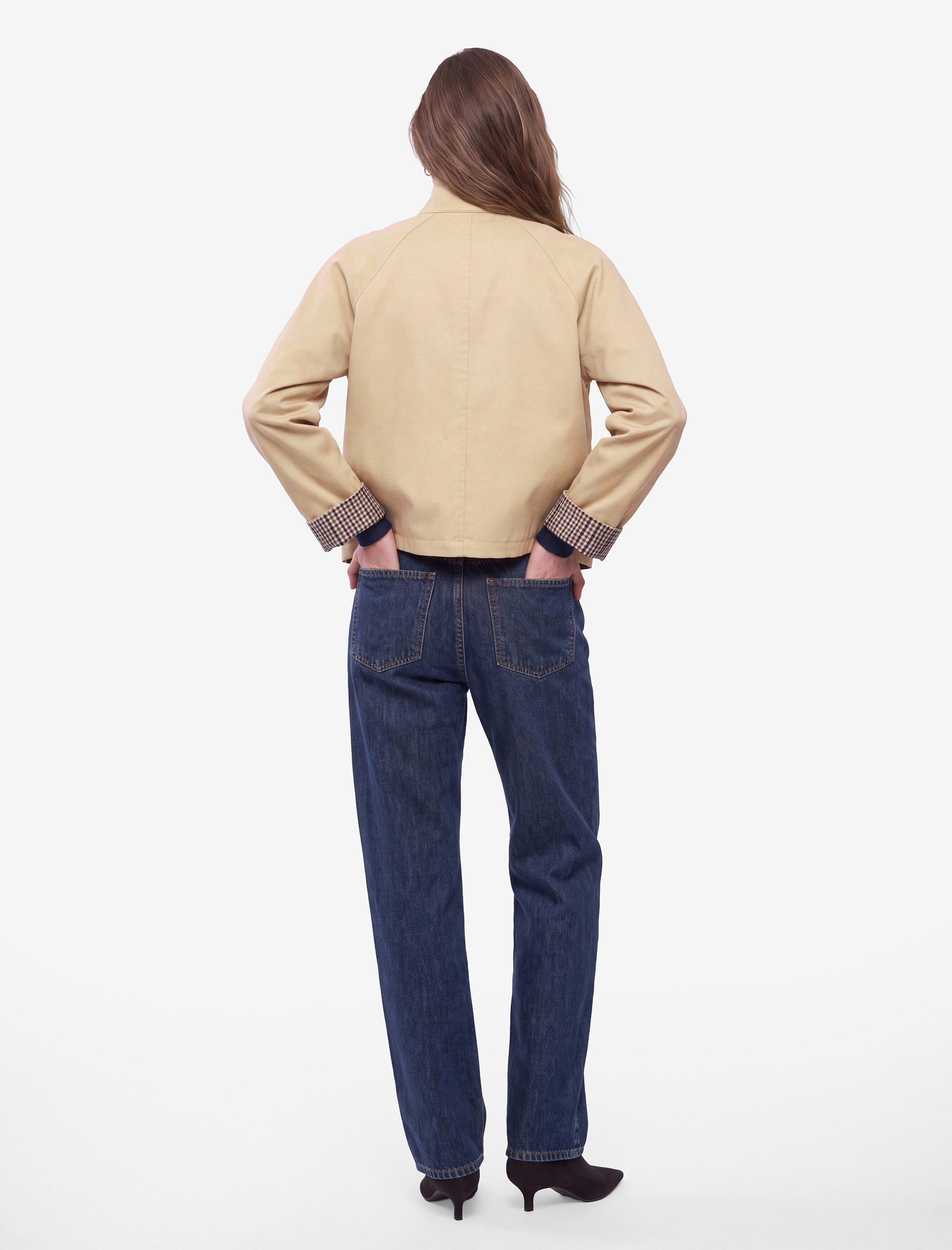   Uzun Kollu Düğmeli Ekose Astarlı Oversize Gabardin Dik Yaka Kısa Trençkot
