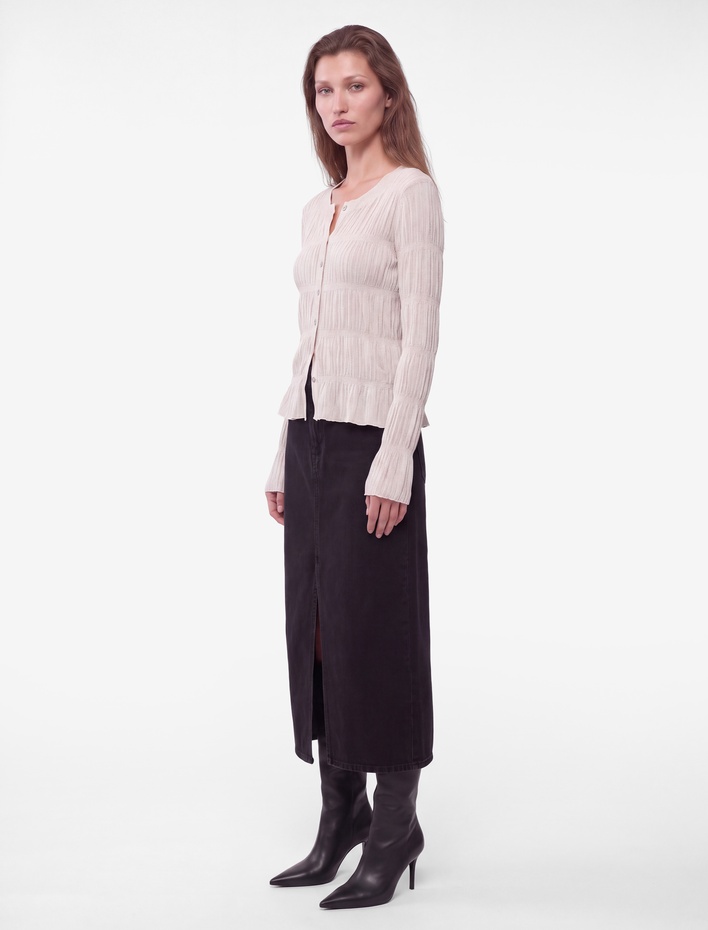  Slim Fit Bisiklet Yaka Uzun Kollu Büzgülü Dokulu Düğmeli Tişört