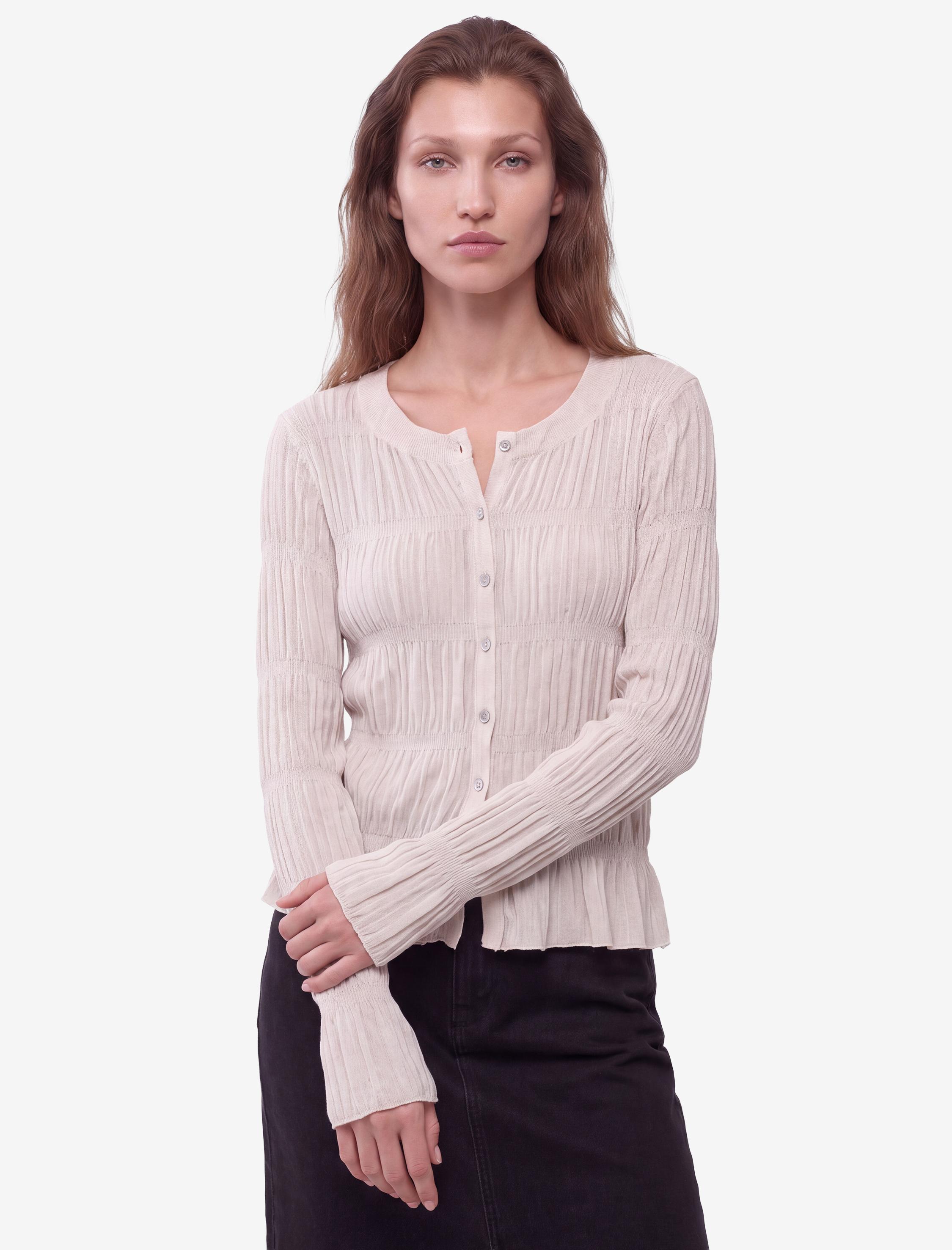   Slim Fit Bisiklet Yaka Uzun Kollu Büzgülü Dokulu Düğmeli Tişört