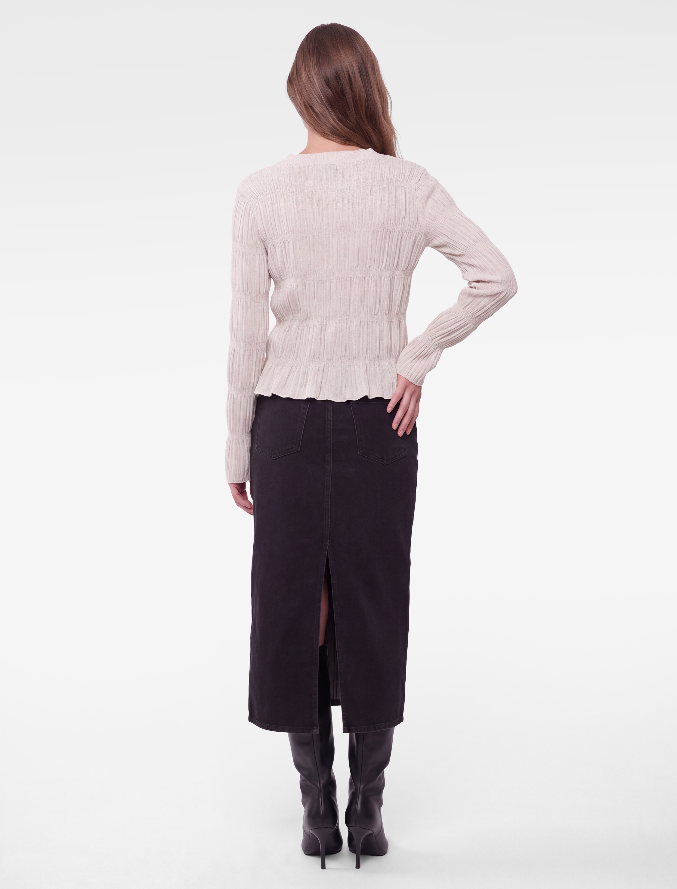   Slim Fit Bisiklet Yaka Uzun Kollu Büzgülü Dokulu Düğmeli Tişört