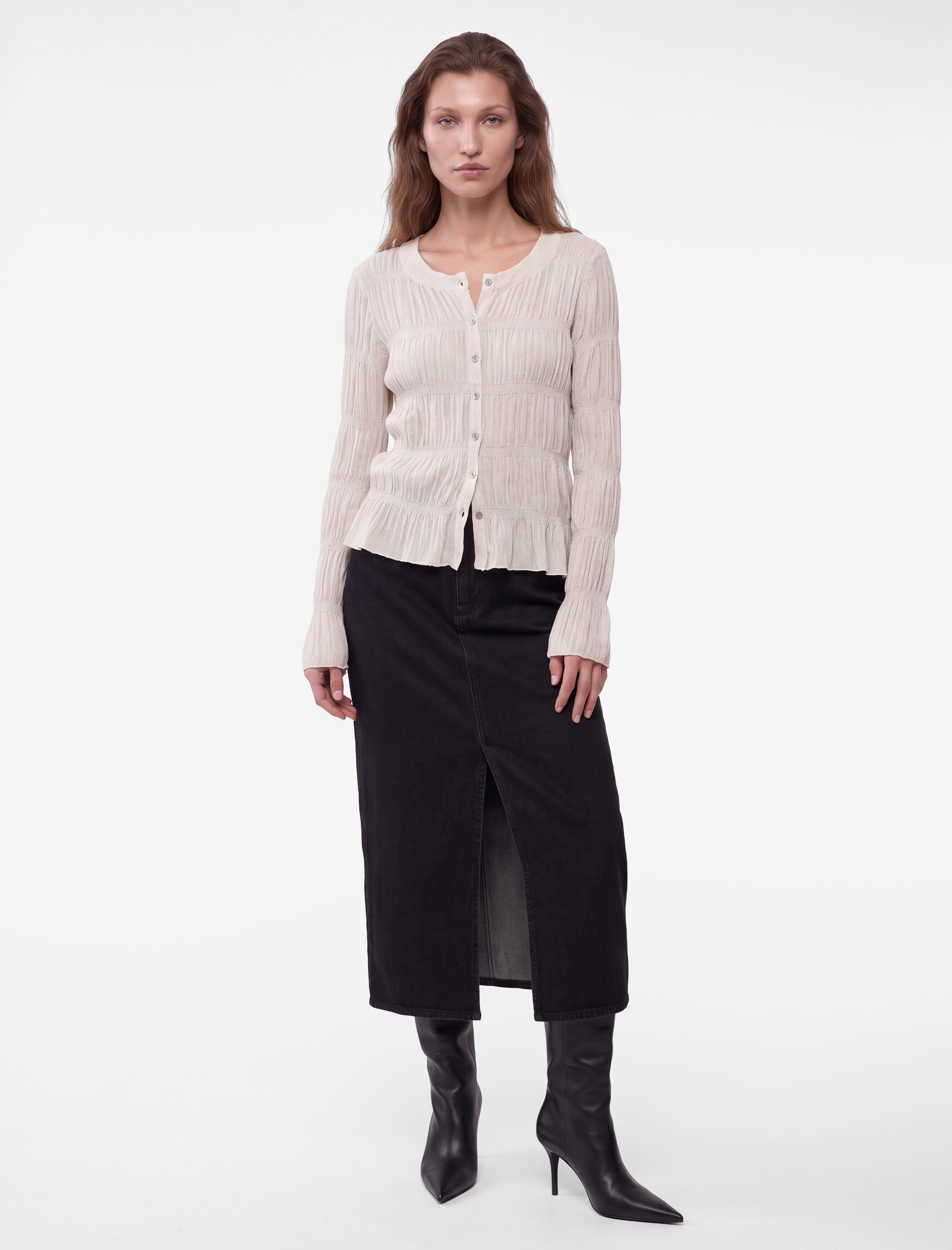   Slim Fit Bisiklet Yaka Uzun Kollu Büzgülü Dokulu Düğmeli Tişört