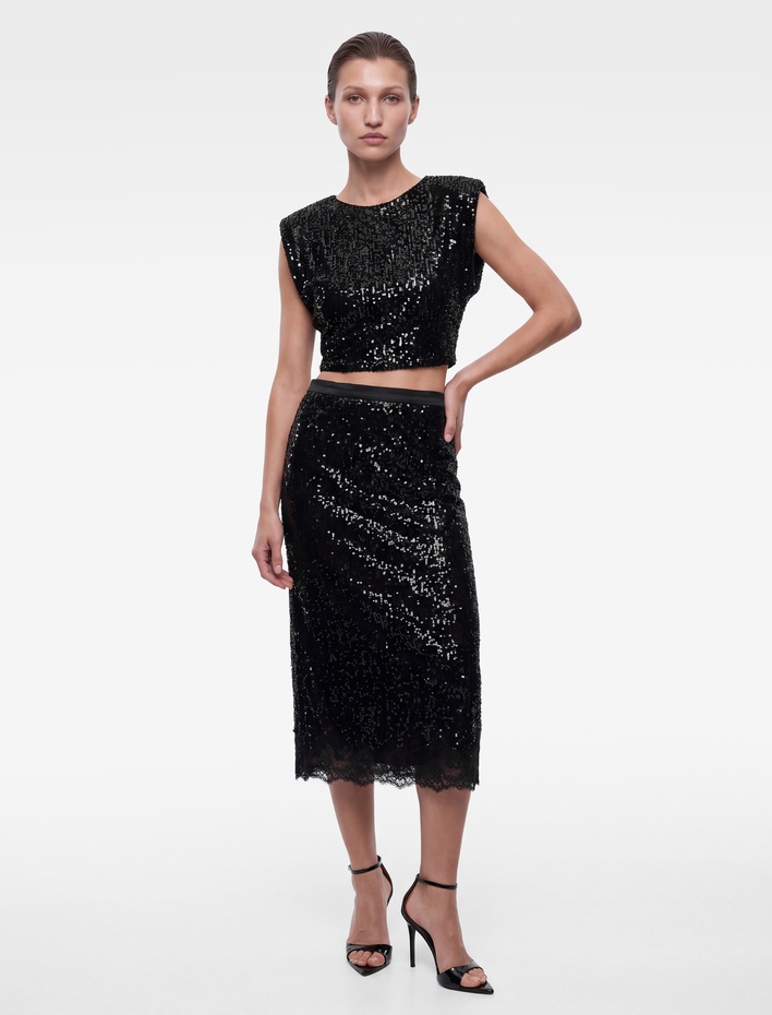  Slim Fit Pullu Payetli Bisiklet Yaka Kısa Yarasa Kol Abiye Bluz