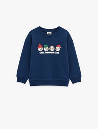 Şardonlu Bisiklet Yaka Uzun Kollu Yılbaşı Baskılı Sweatshirt