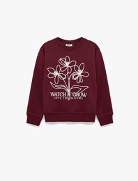 Bisiklet Yaka Uzun Kollu Çiçek Baskılı Sweatshirt