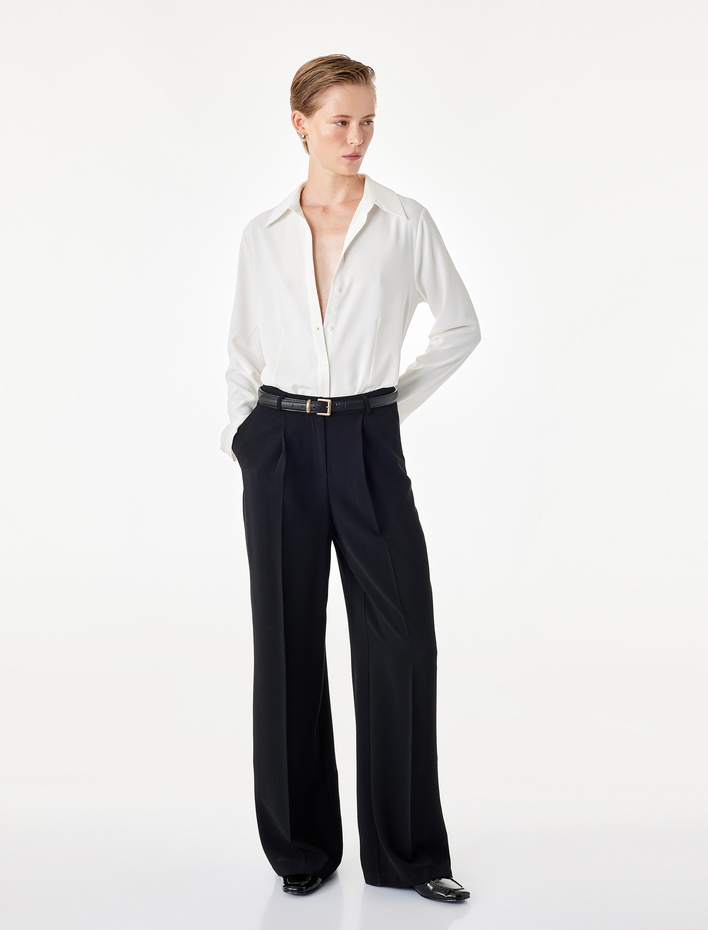  Slim Fit Kaçık Yaka Uzun Kollu Saten Gömlek