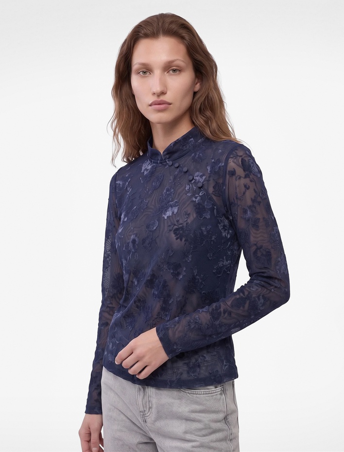  Slim Fit Uzun Kollu Transparan Çiçekli Düğmeli Qipao Tül Tişört