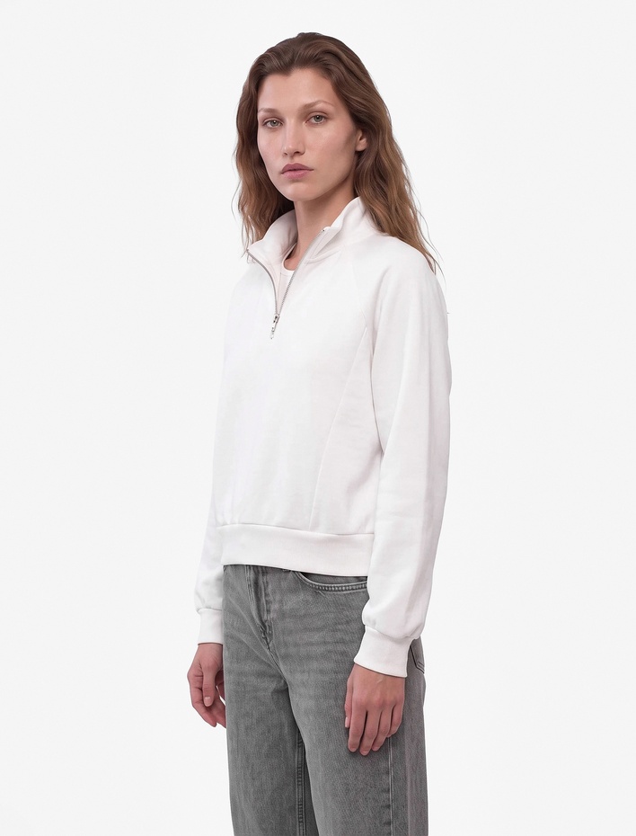  Modal Kumaş Regular Fit Uzun Kollu Dik Yaka Yarım Fermuarlı Sweatshirt