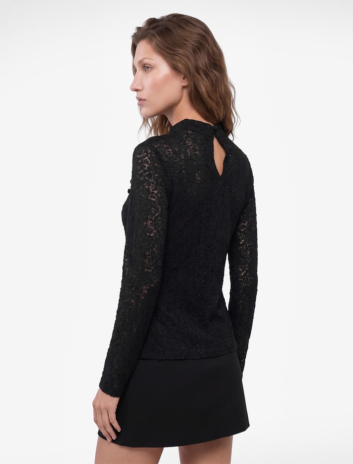  Slim Fit Uzun Kollu Düğmeli Dik Qipao Yaka Transparan Dantel Tişört