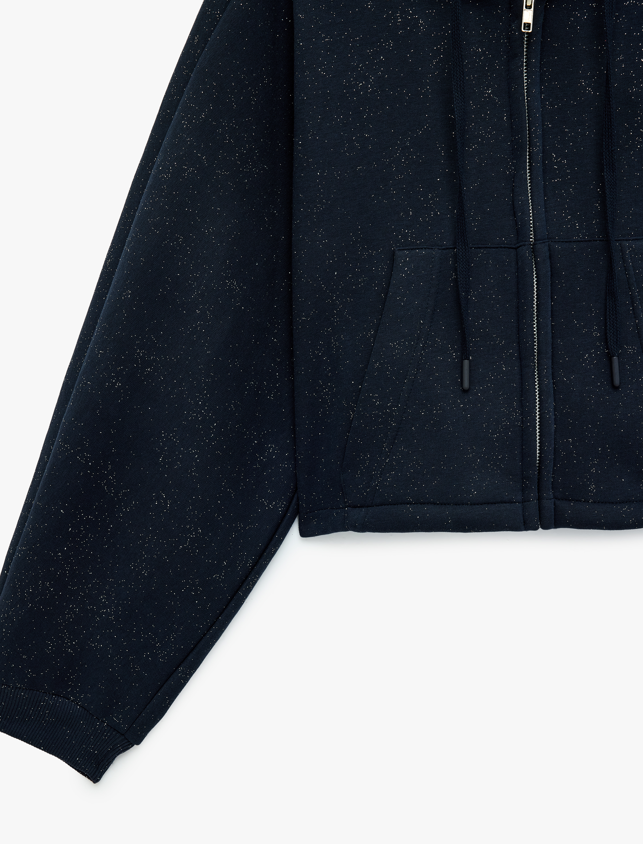   Kapüşonlu Crop Dansçı Sweatshirt Simli Arkası Baskılı Fermuarlı Cepli