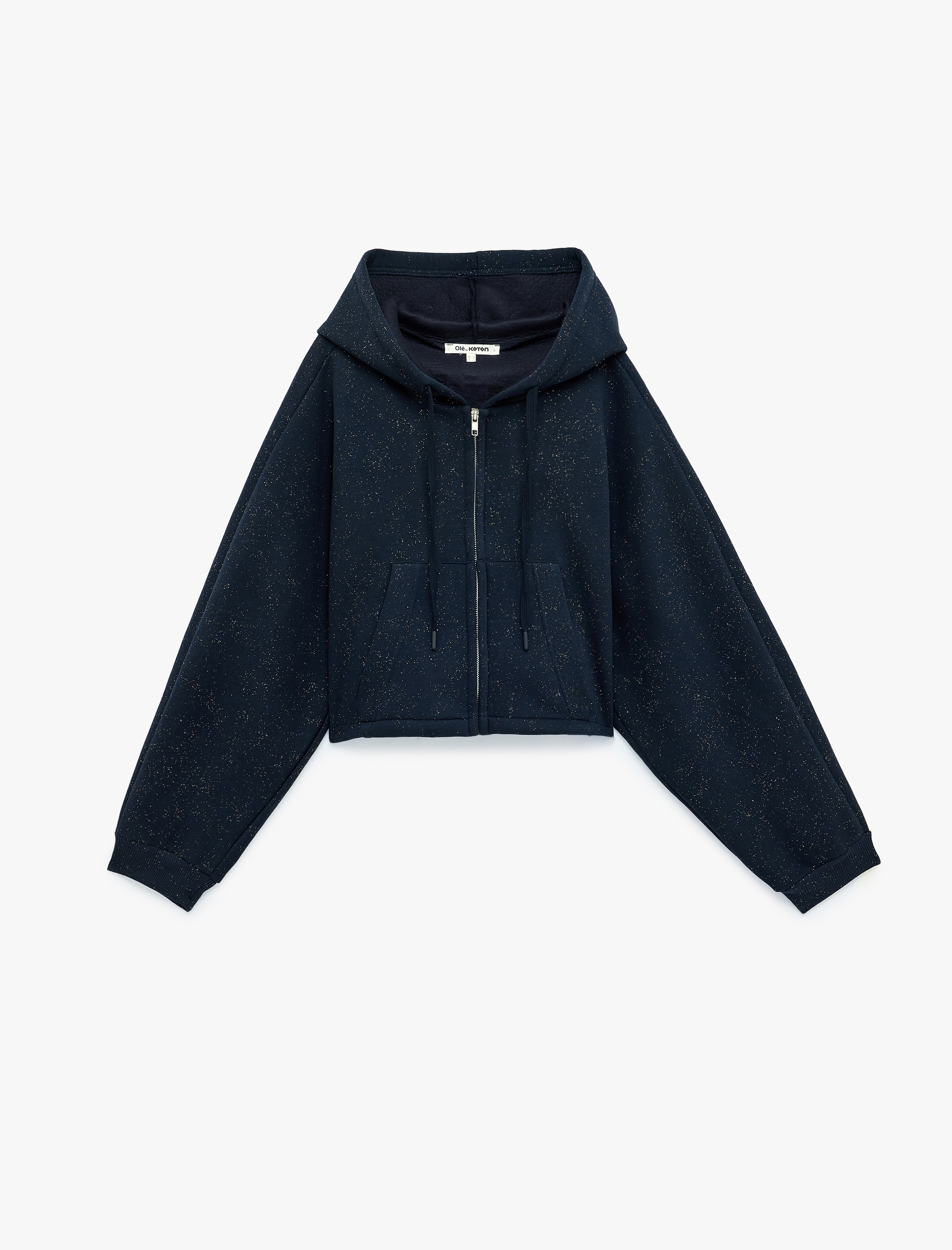   Kapüşonlu Crop Dansçı Sweatshirt Simli Arkası Baskılı Fermuarlı Cepli
