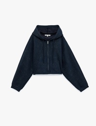 Kapüşonlu Crop Dansçı Sweatshirt Simli Arkası Baskılı Fermuarlı Cepli