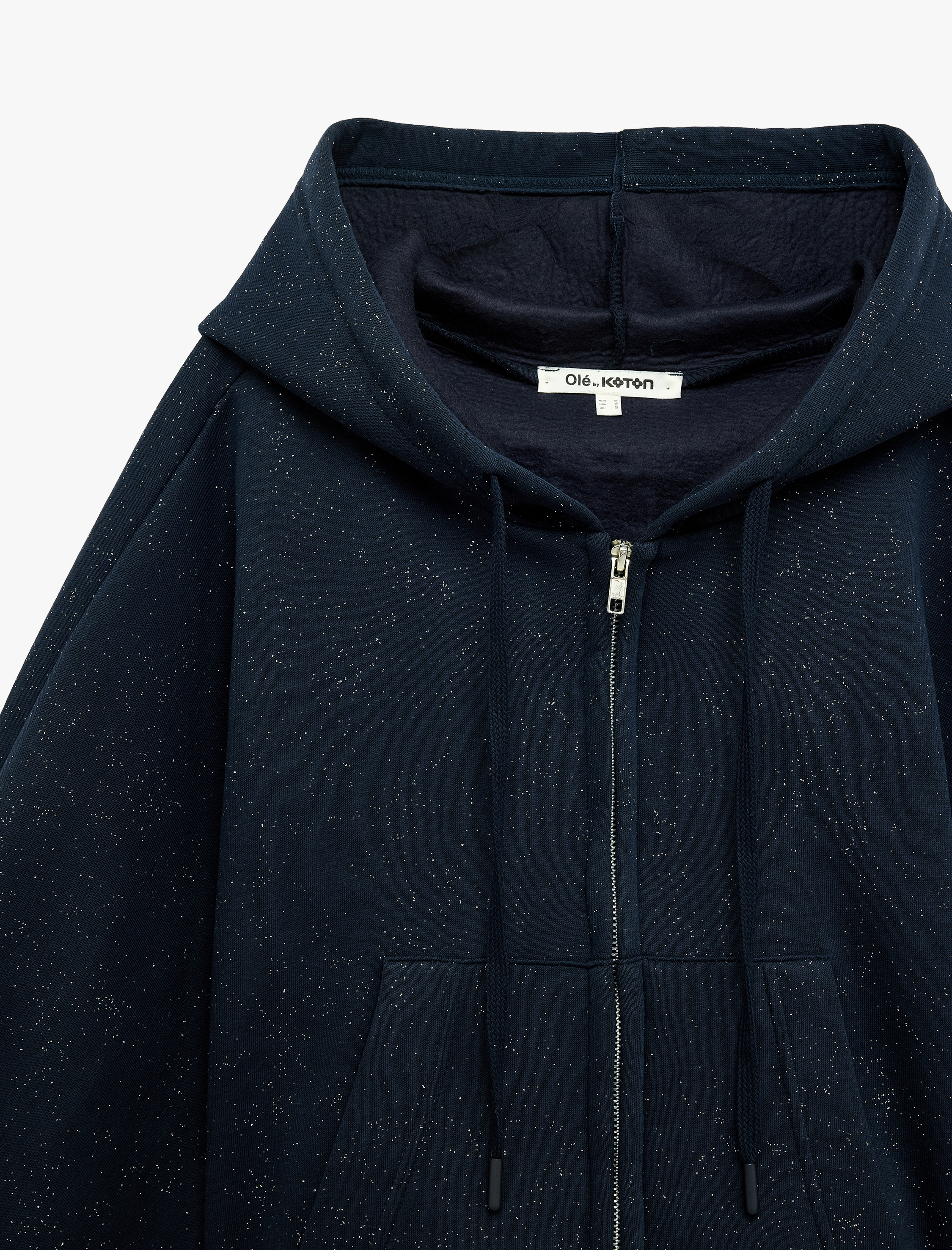   Kapüşonlu Crop Dansçı Sweatshirt Simli Arkası Baskılı Fermuarlı Cepli