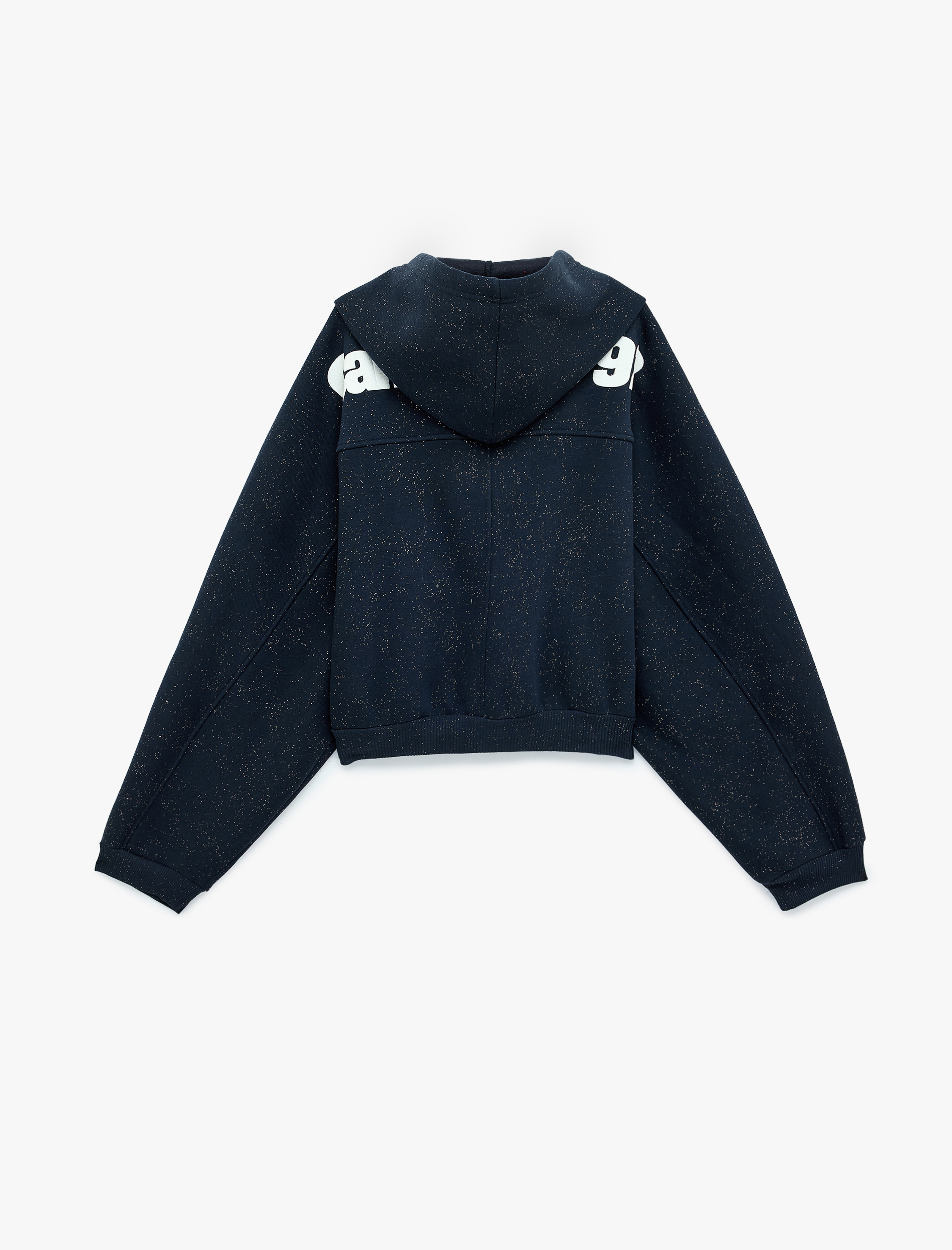   Kapüşonlu Crop Dansçı Sweatshirt Simli Arkası Baskılı Fermuarlı Cepli