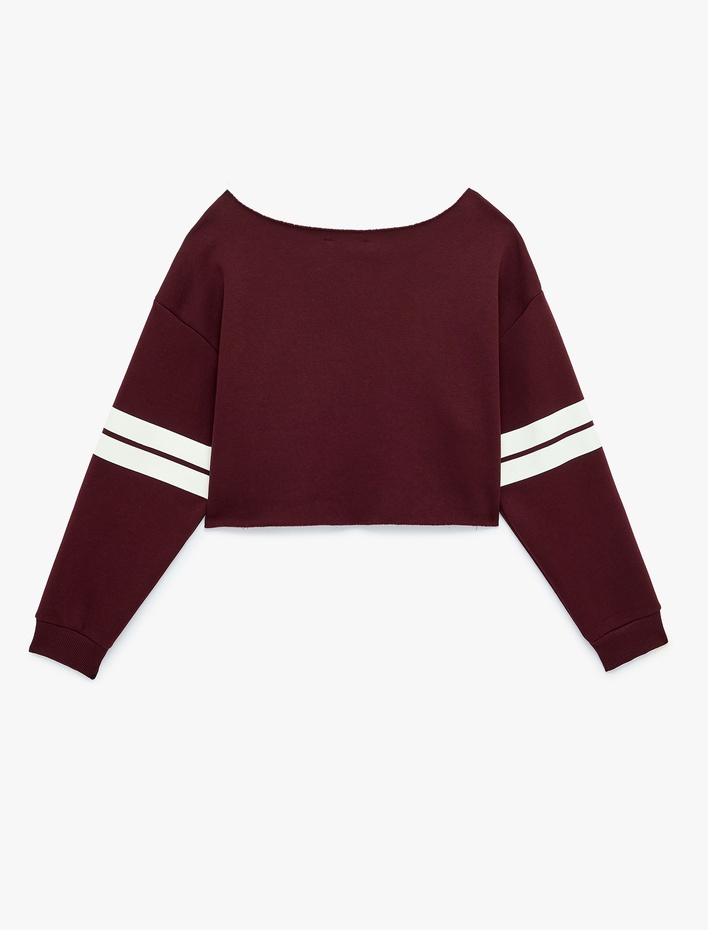  Baskılı Rahat Kalıp Şardonlu Kayık Yaka Uzun Kollu Crop Sweatshirt