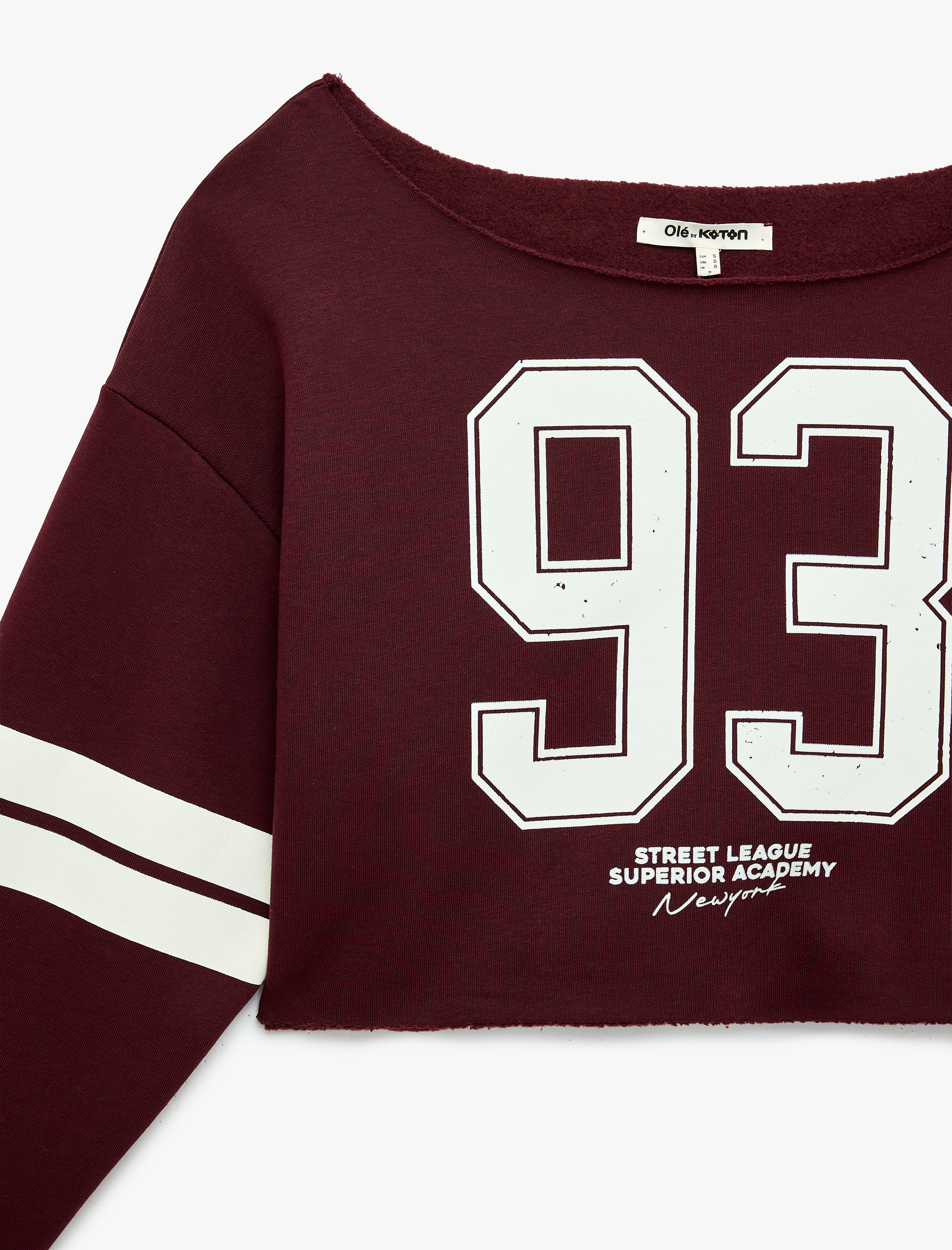   Baskılı Rahat Kalıp Şardonlu Kayık Yaka Uzun Kollu Crop Sweatshirt