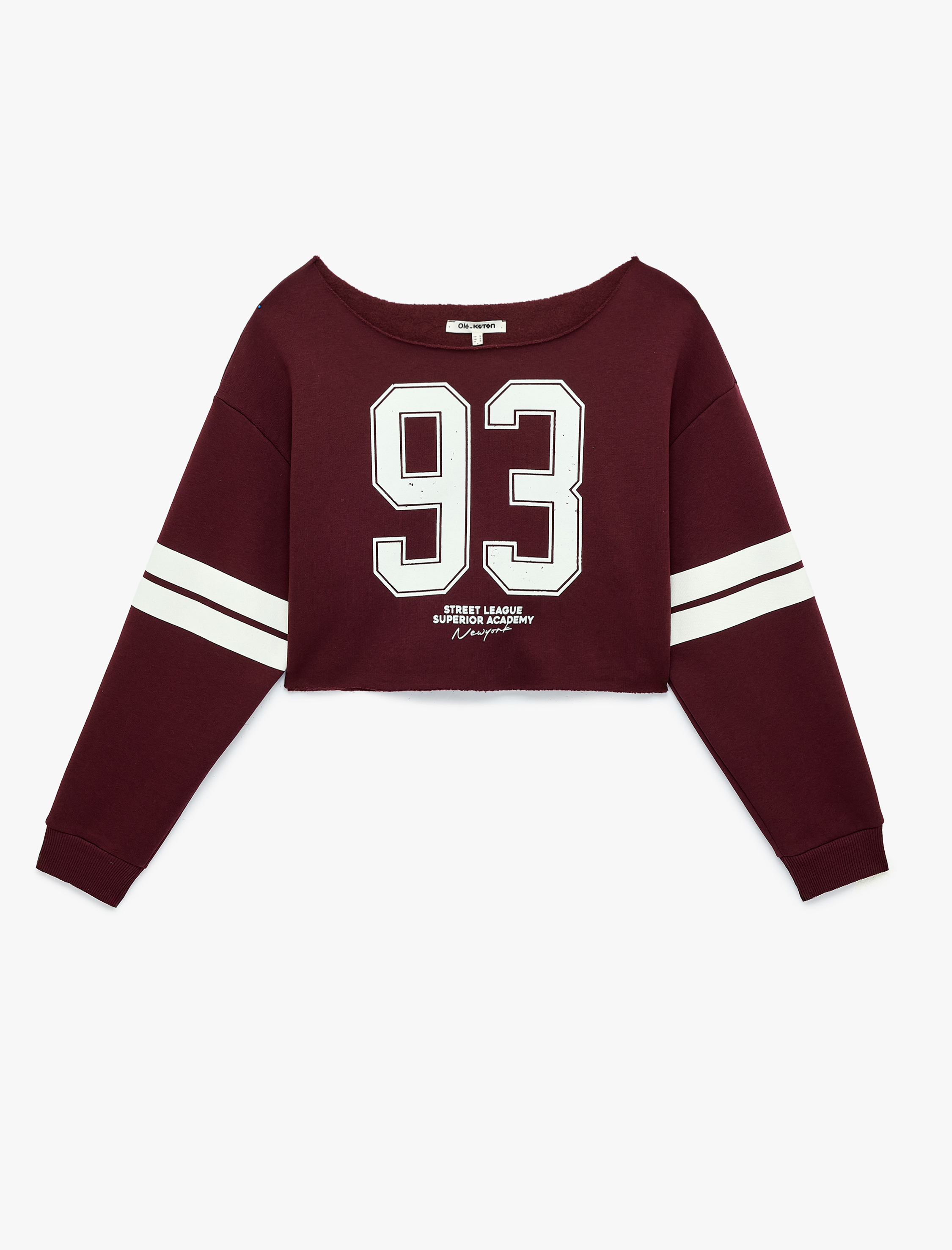   Baskılı Rahat Kalıp Şardonlu Kayık Yaka Uzun Kollu Crop Sweatshirt