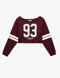 Baskılı Rahat Kalıp Şardonlu Kayık Yaka Uzun Kollu Crop Sweatshirt