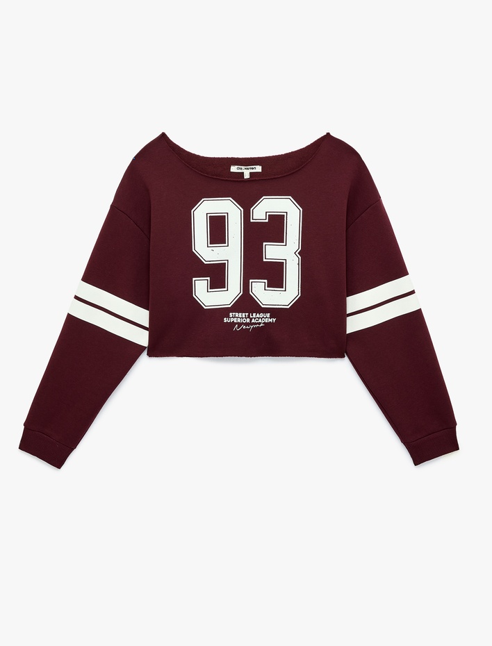  Baskılı Rahat Kalıp Şardonlu Kayık Yaka Uzun Kollu Crop Sweatshirt