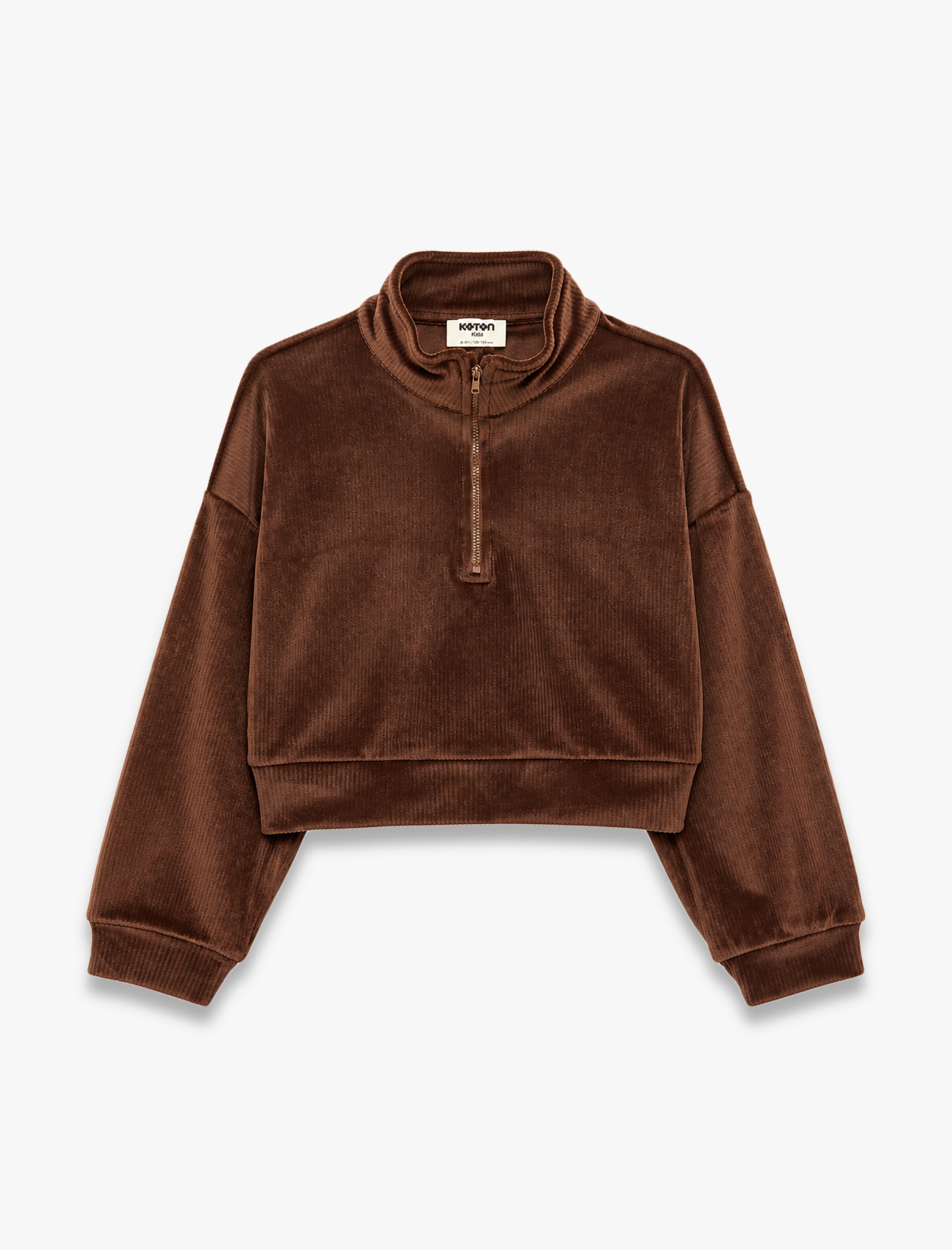  Kız Çocuk Dik Yaka Uzun Kollu Yarım Fermuarlı Kadife Sweatshirt