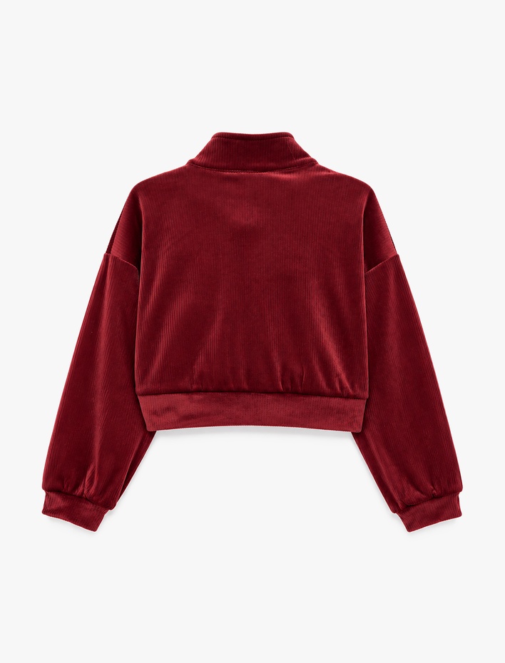 Kız Çocuk Dik Yaka Uzun Kollu Yarım Fermuarlı Kadife Sweatshirt