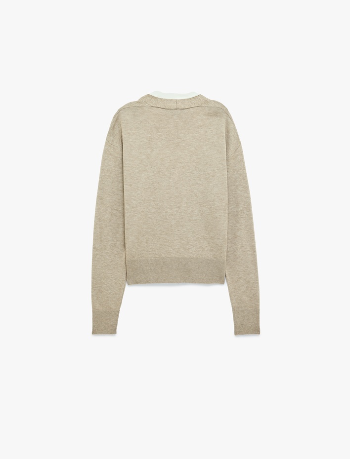  Uzun Kollu Kontrast Katmanlı Düğmeli Oversize V Yaka Triko Hırka