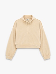 Dik Yaka Uzun Kollu Yarım Fermuarlı Kadife Sweatshirt