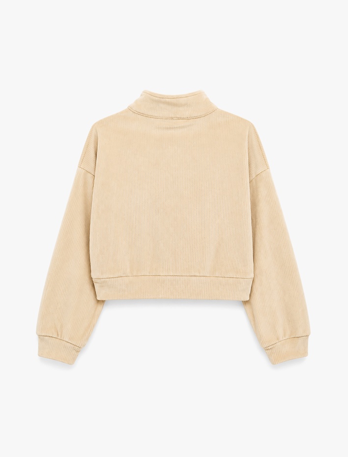 Kız Çocuk Dik Yaka Uzun Kollu Yarım Fermuarlı Kadife Sweatshirt