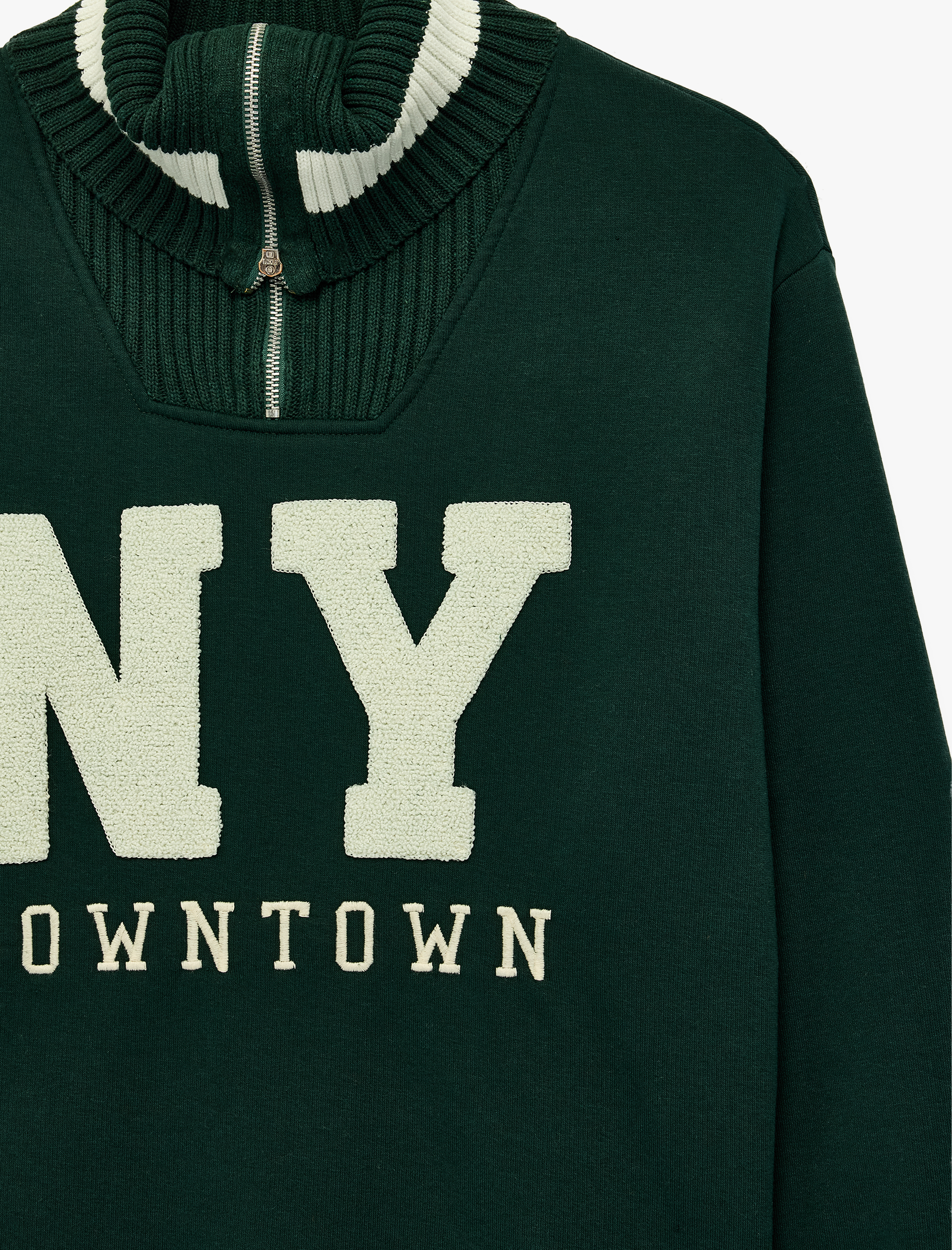   Üç İplik Şardonlu Baskılı Nakışlı Uzun Kollu Yarım Fermuarlı Dik Yaka Sweatshirt