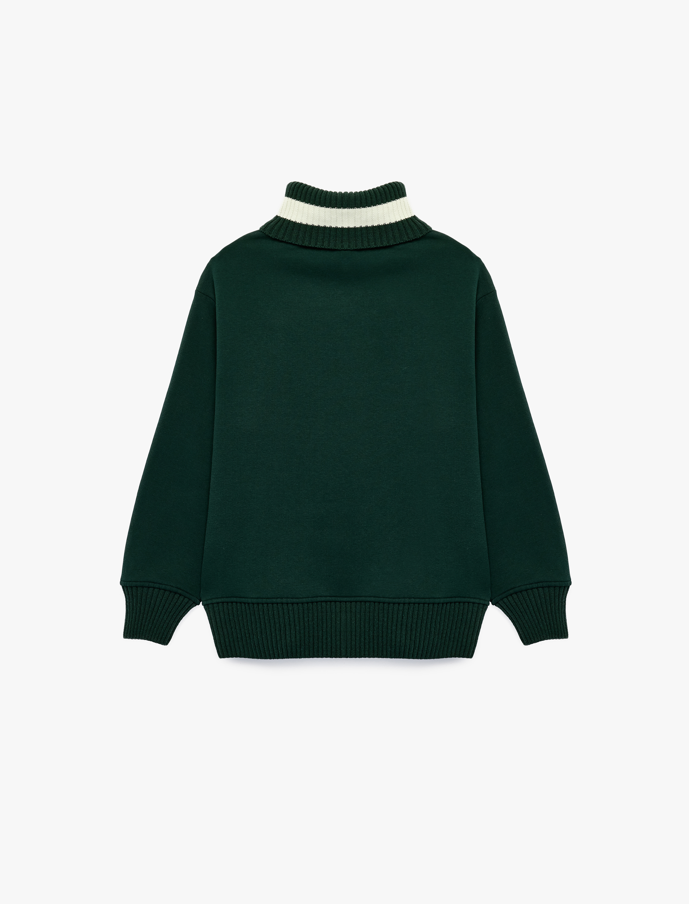   Üç İplik Şardonlu Baskılı Nakışlı Uzun Kollu Yarım Fermuarlı Dik Yaka Sweatshirt