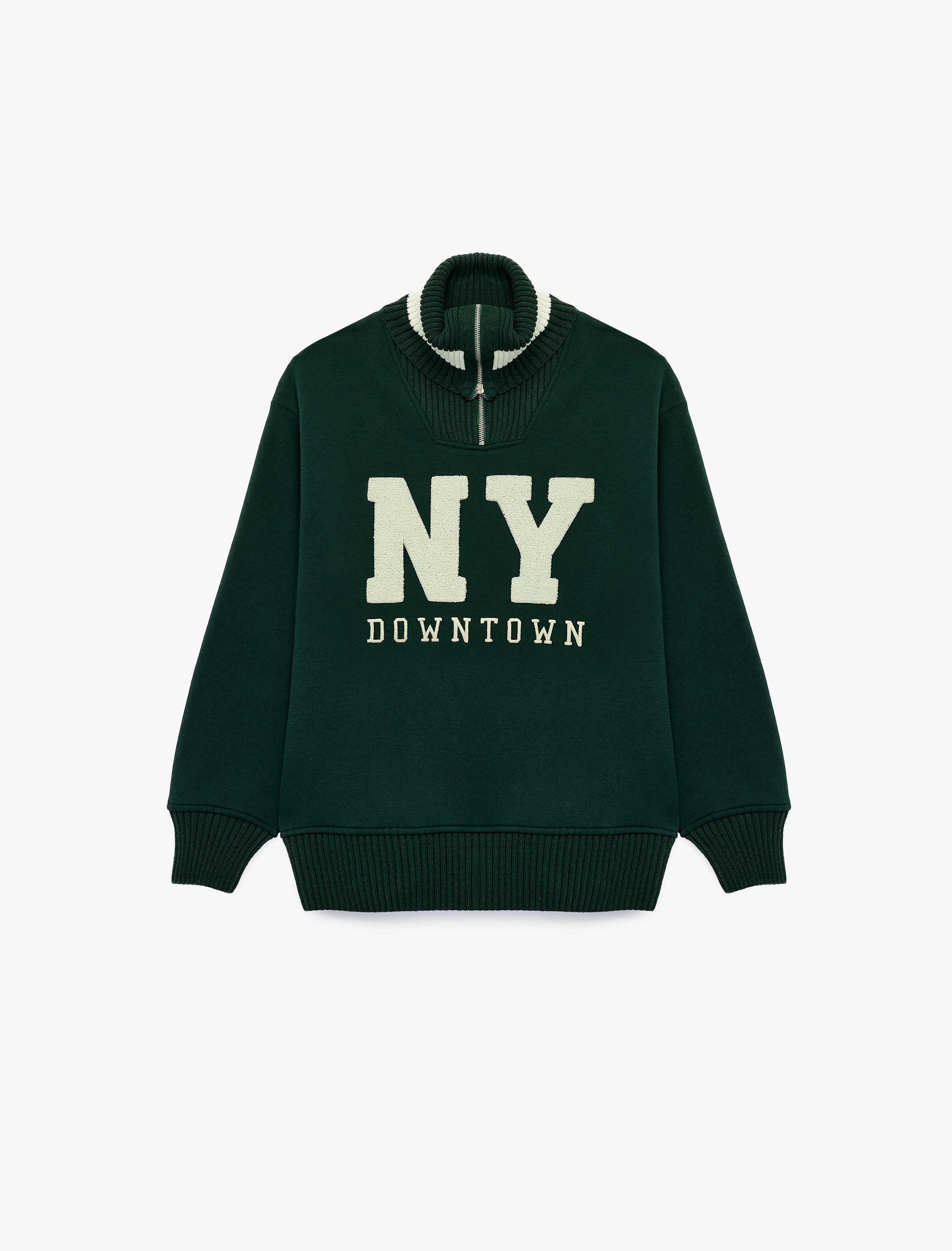   Üç İplik Şardonlu Baskılı Nakışlı Uzun Kollu Yarım Fermuarlı Dik Yaka Sweatshirt