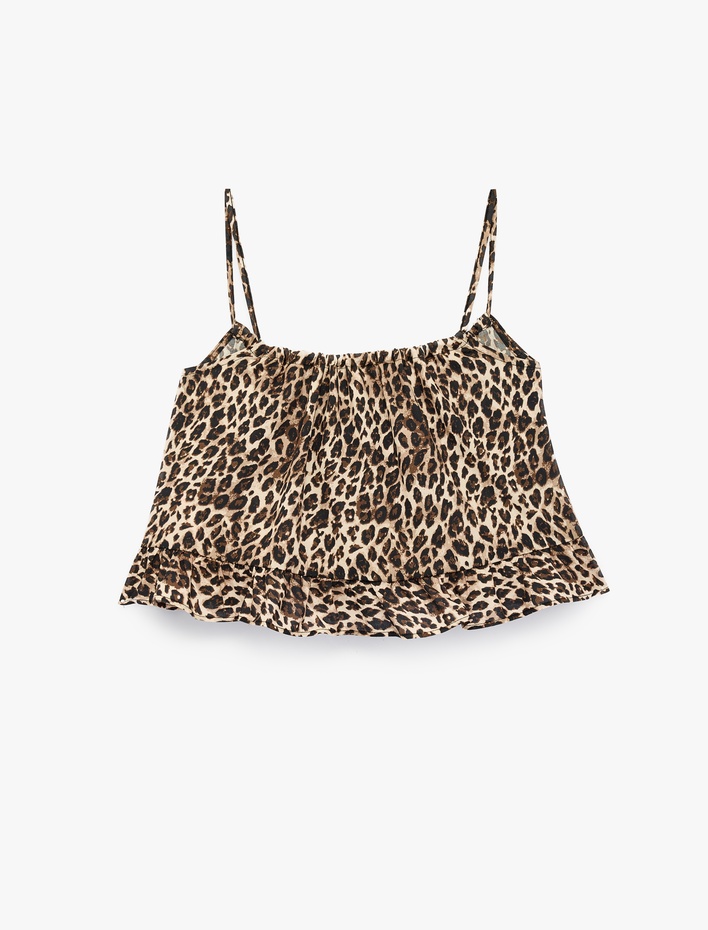  Pamuklu Rahat Kesim Leopar Desenli Askılı Pijama Üstü