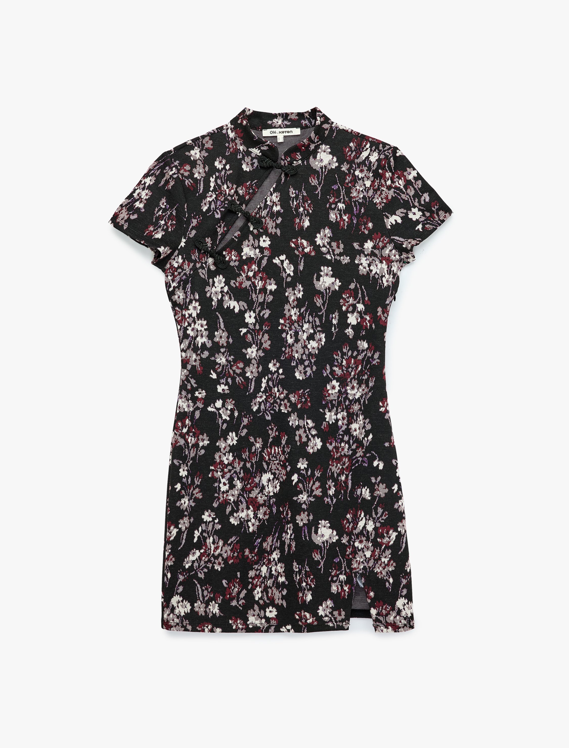   Mandarin Qipao Yaka Düğmeli Slim Fit Kısa Kollu Mini Çiçekli Elbise