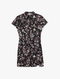 Mandarin Qipao Yaka Düğmeli Slim Fit Kısa Kollu Mini Çiçekli Elbise