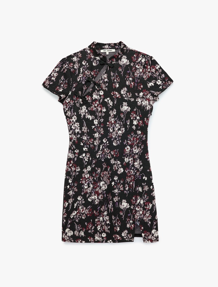  Mandarin Qipao Yaka Düğmeli Slim Fit Kısa Kollu Mini Çiçekli Elbise