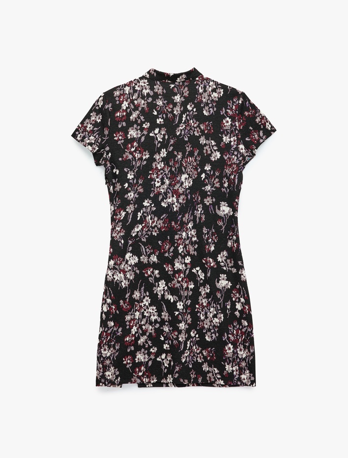  Mandarin Qipao Yaka Düğmeli Slim Fit Kısa Kollu Mini Çiçekli Elbise
