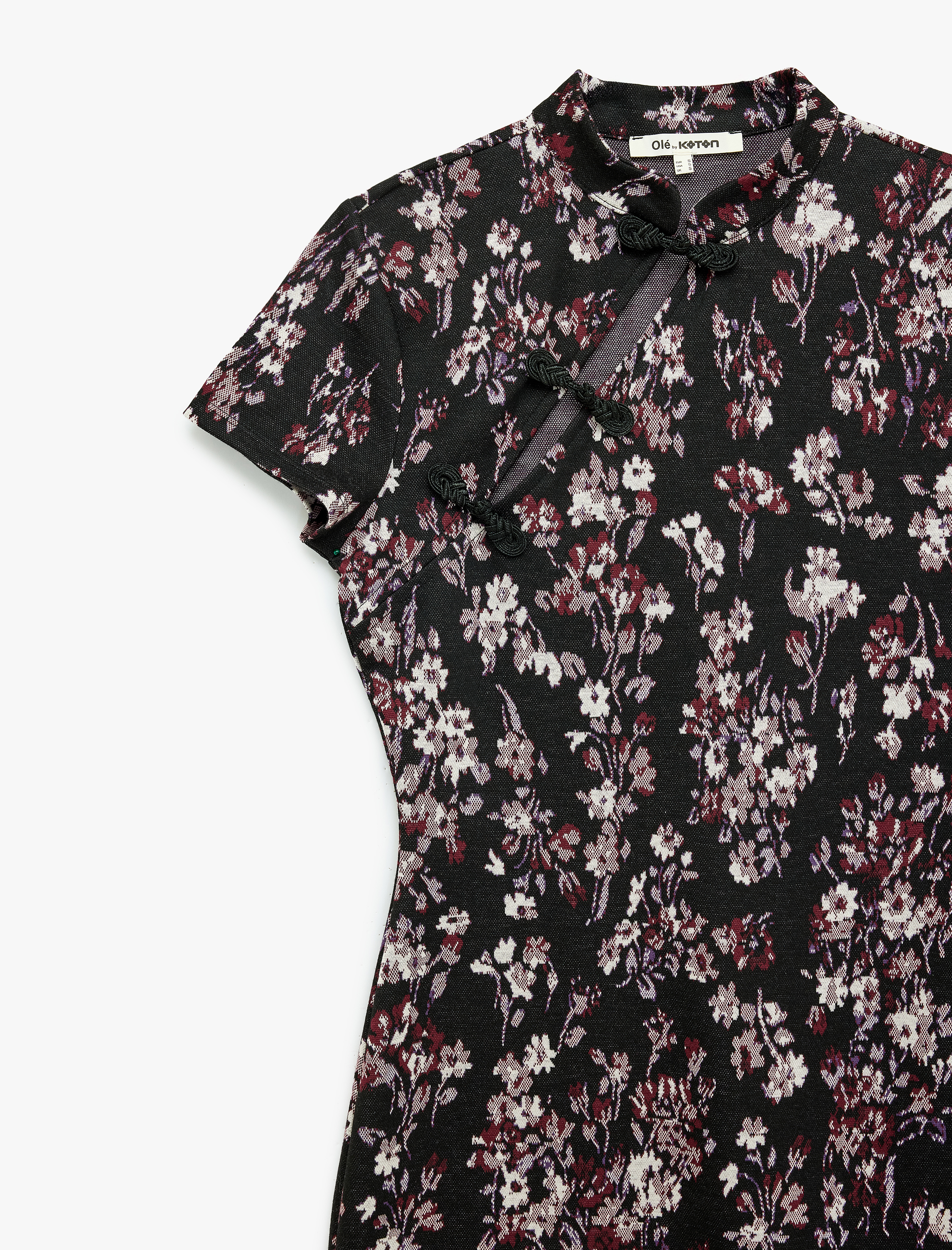   Mandarin Qipao Yaka Düğmeli Slim Fit Kısa Kollu Mini Çiçekli Elbise