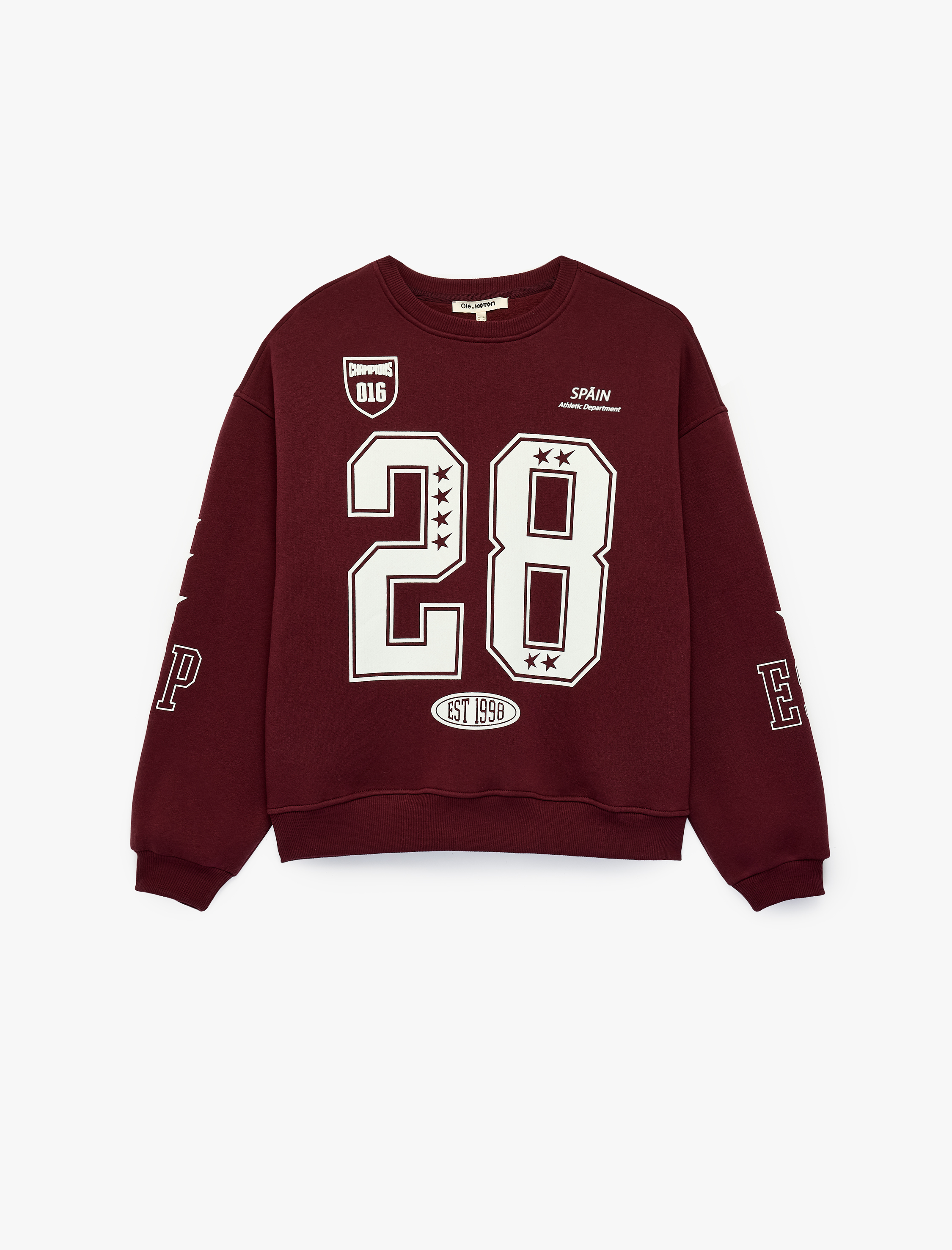   Şardonlu Rahat Kalıp Bisiklet Yaka Uzun Kollu Kolej Baskılı Sweatshirt
