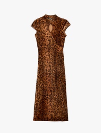 Leopar Desenli Kadife Midi Elbise Qipao Mandarin Yaka Kap Kollu
