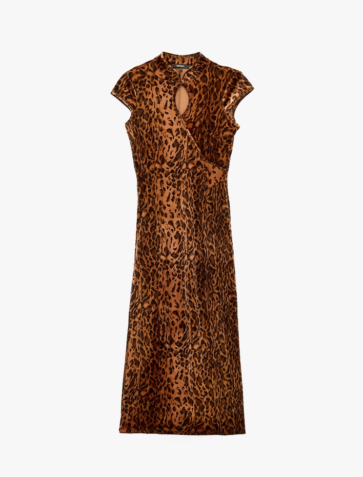  Leopar Desenli Kadife Midi Elbise Qipao Mandarin Yaka Kap Kollu