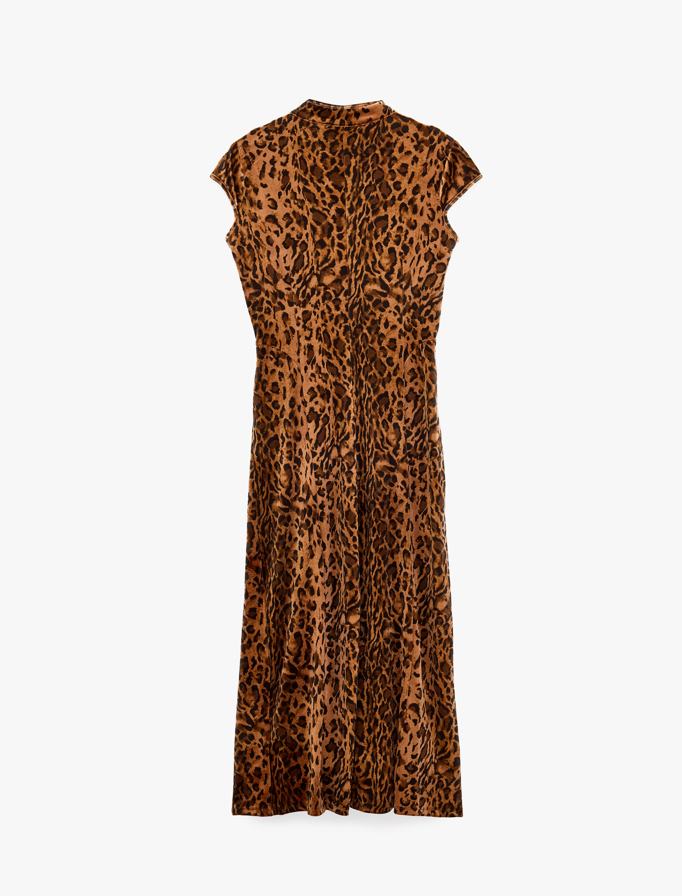   Leopar Desenli Kadife Midi Elbise Qipao Mandarin Yaka Kap Kollu