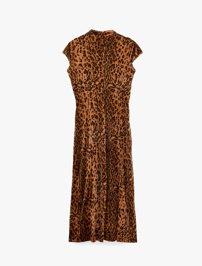  Leopar Desenli Kadife Midi Elbise Qipao Mandarin Yaka Kap Kollu